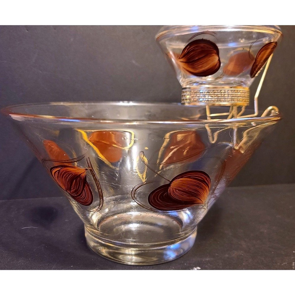 1950's Anchor‎ Hocking Enchantware Chip-n-Dip Bowl Set Brown Gold Leaf Glass